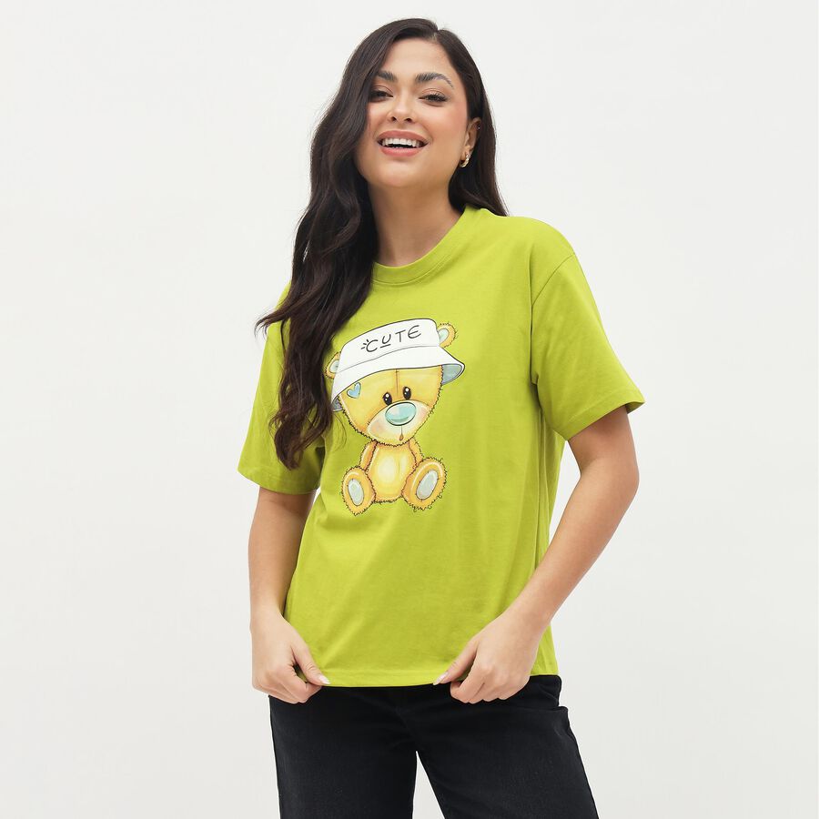 Women's Bright Lime Green Cotton Round Neck Graphic T-Shirt, Neon Green, large