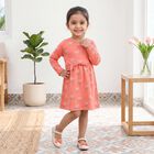 Girls' Coral Floral Printed Fit and Flare Frock, Coral, small