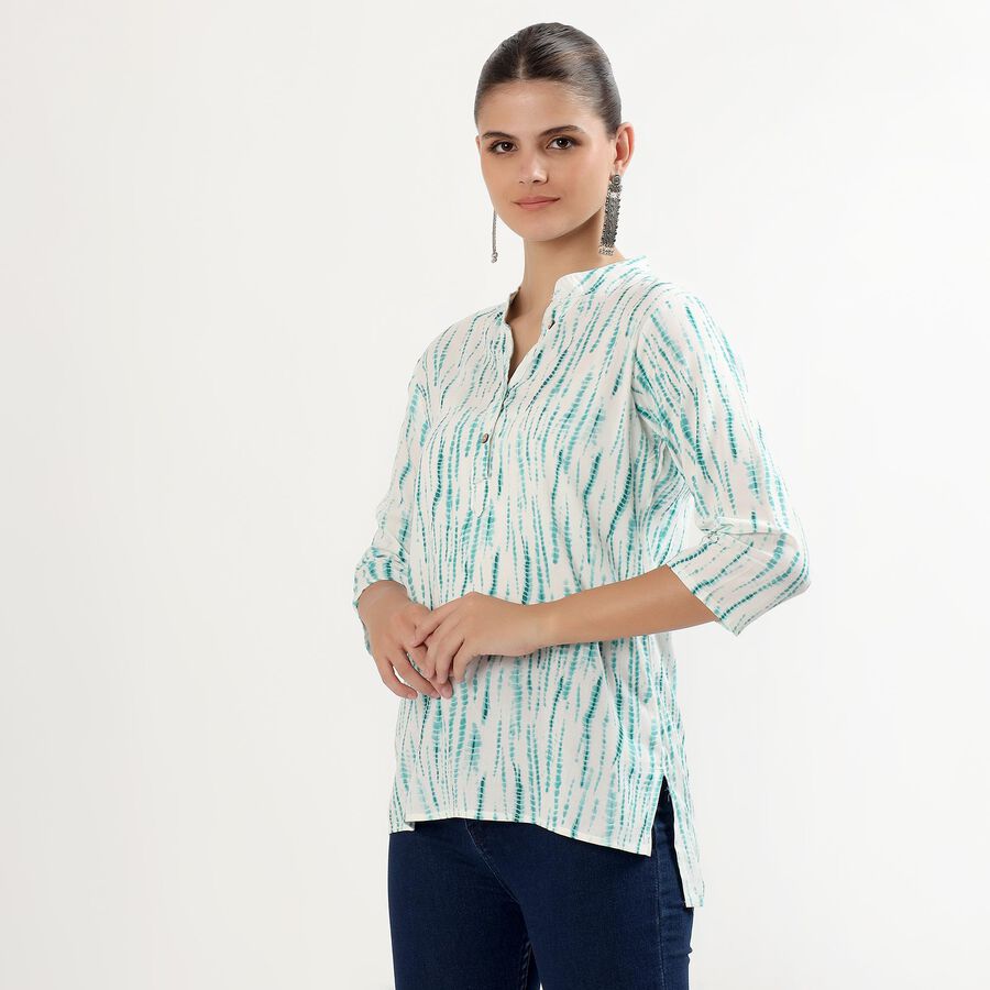 Women's Muted Aqua Green Mandarin Collar Printed Kurti, गहरा हरा, large image number null