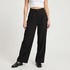 Women's Black Wide Leg Pleated Trousers, काला, small