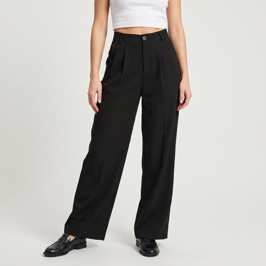 Women's Black Wide Leg Pleated Trousers, काला, large