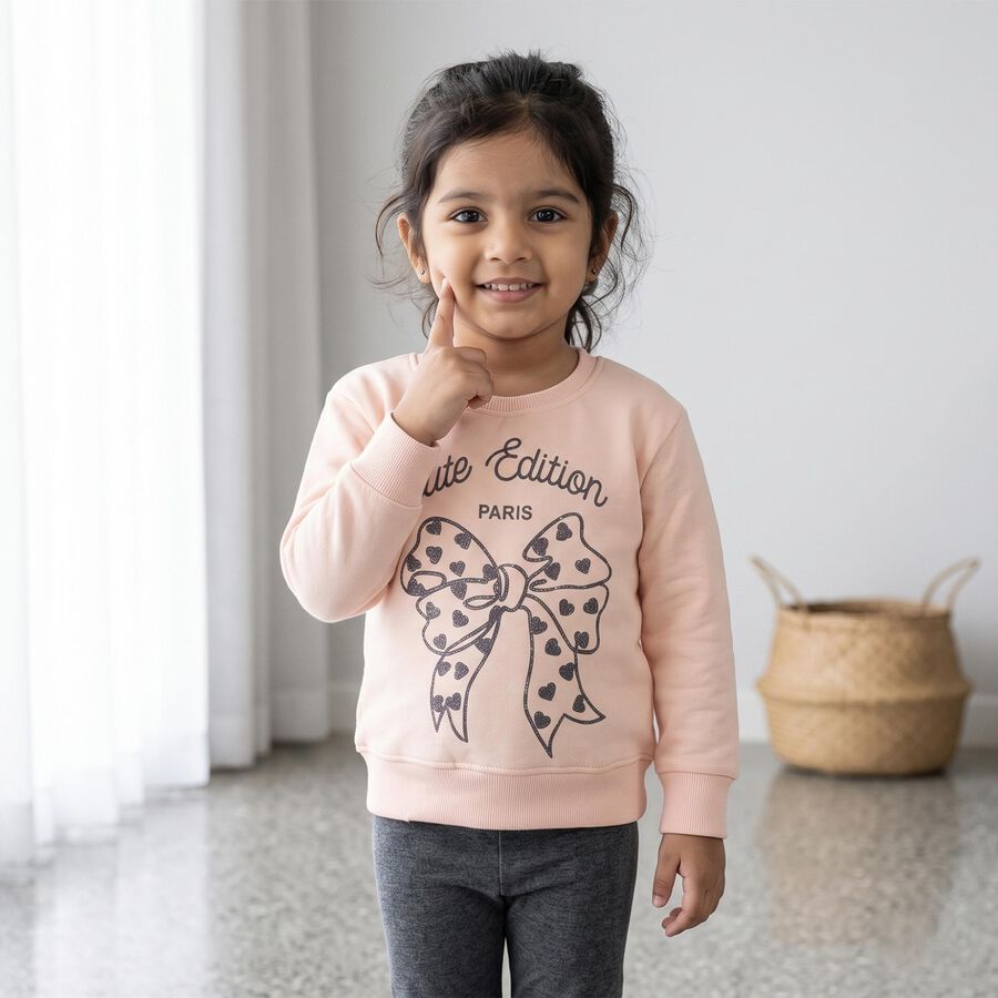 Girls' Pink Crew Neck Graphic Print Sweatshirt, Light Pink, large