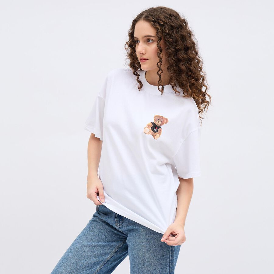 Women's Bright Snow White Cotton Round Neck Casual T-Shirt, सफ़ेद, large image number null