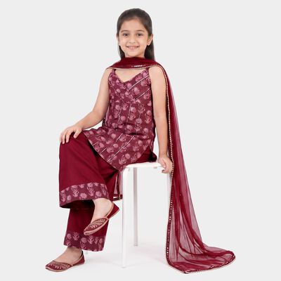 Girls Fuchsia V Neck Fusion Set Upper and Bottom Set