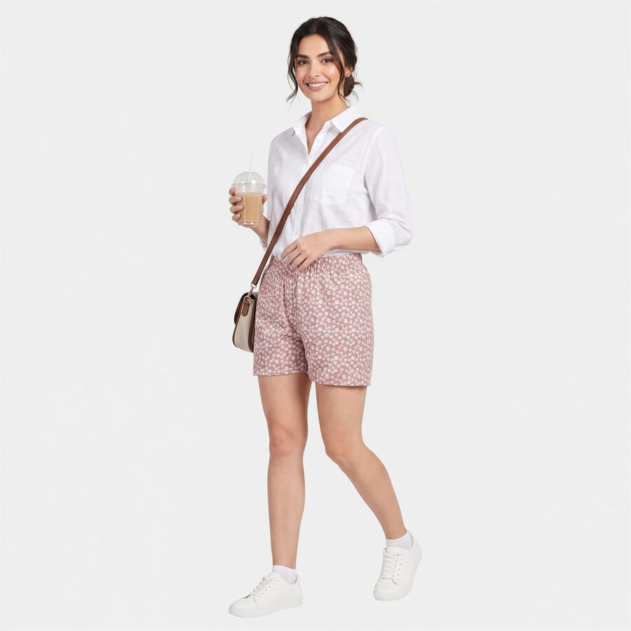 Women's Pink Regular Fit Floral Print Shorts, हल्का गुलाबी, large