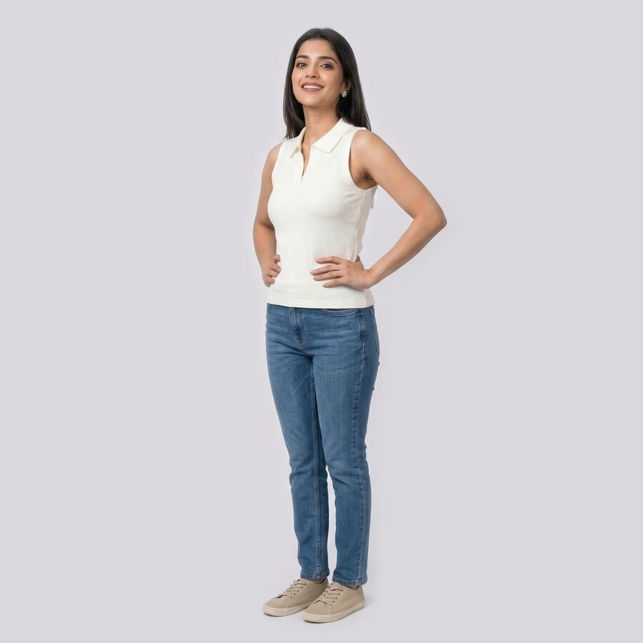 Women's Cream Polo Neck Polo T-Shirt, Off White, large