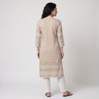 Women's Beige Round Neck Printed Kurta, Beige, small