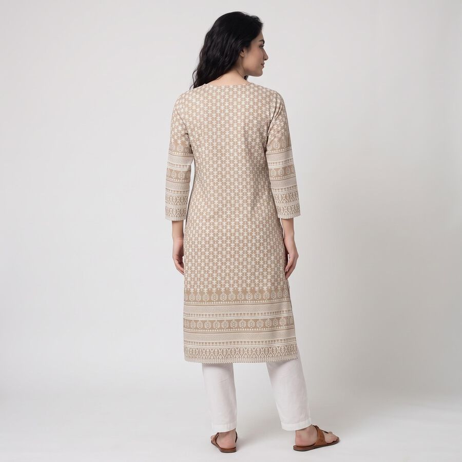 Women's Beige Round Neck Printed Kurta, Beige, large