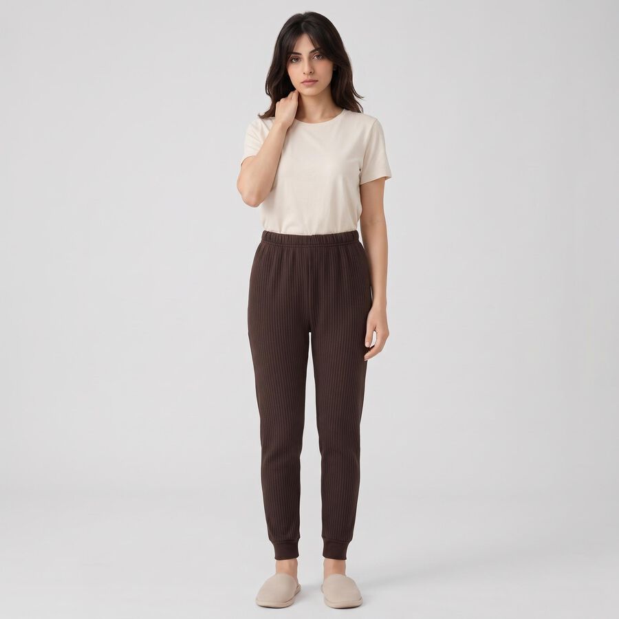 Women's Brown Ribbed Thermal, भूरा, large
