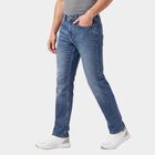 Men's Blue Straight Fit Washed Jeans, मध्यम नीला, small