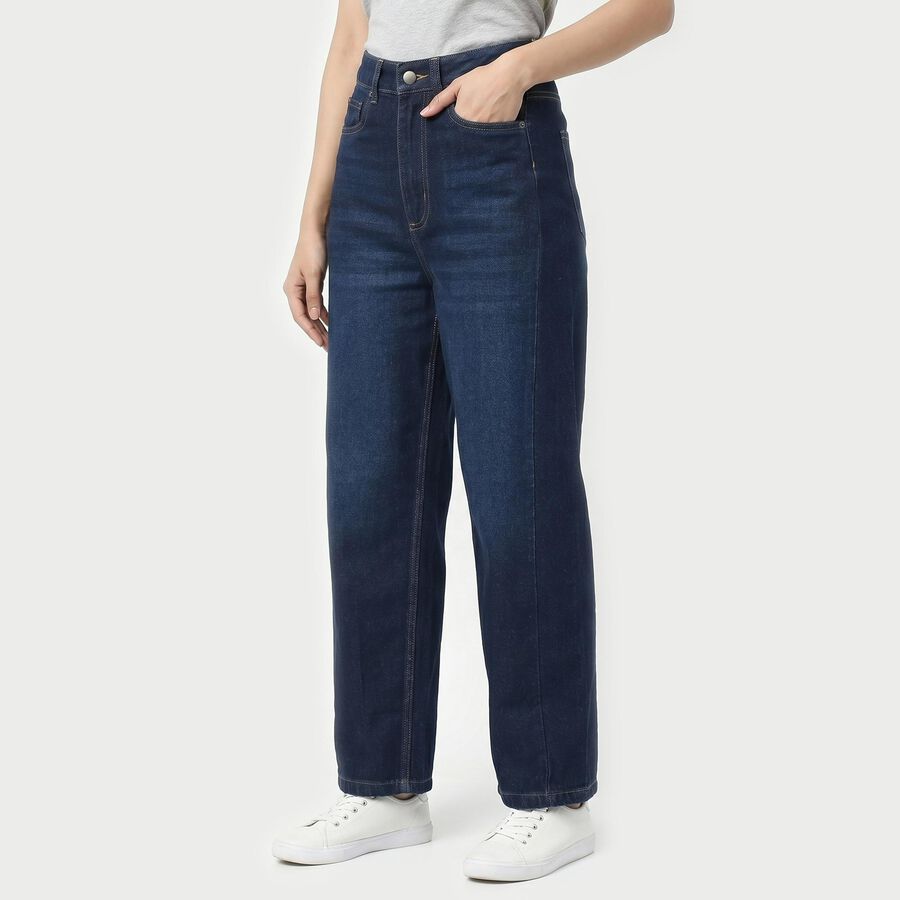 Women's Navy Blue Wide Leg Washed Jeans, Dark Blue, large