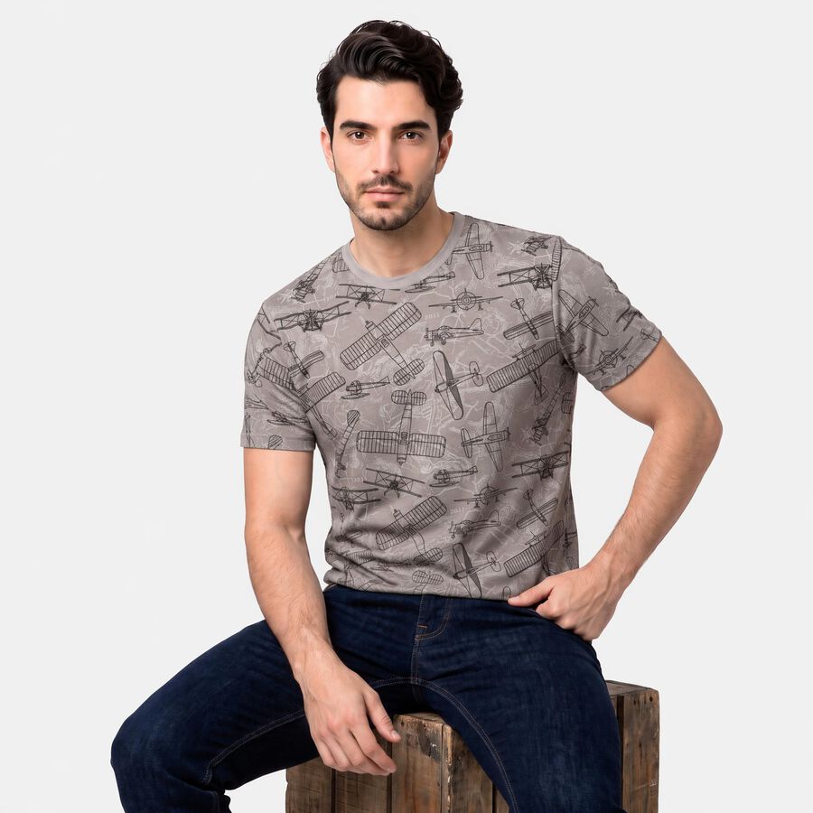 Men's Grey Round Neck Graphic Print Regular T-Shirt, हल्का ग्रे, large