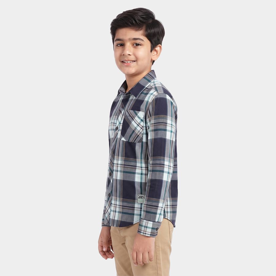 Boys' Green Cotton Spread Collar Regular Fit Casual Shirt, Dark Green, large