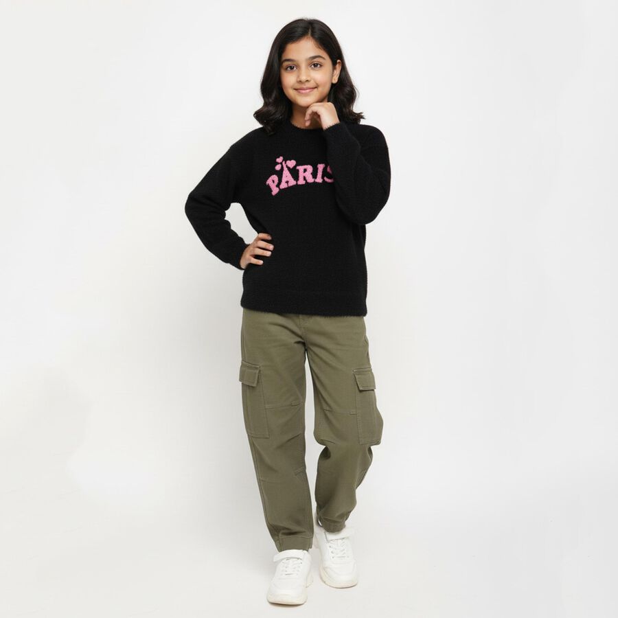Girls' Jet Black Crew Neck Casual Pullover, Black, large image number null