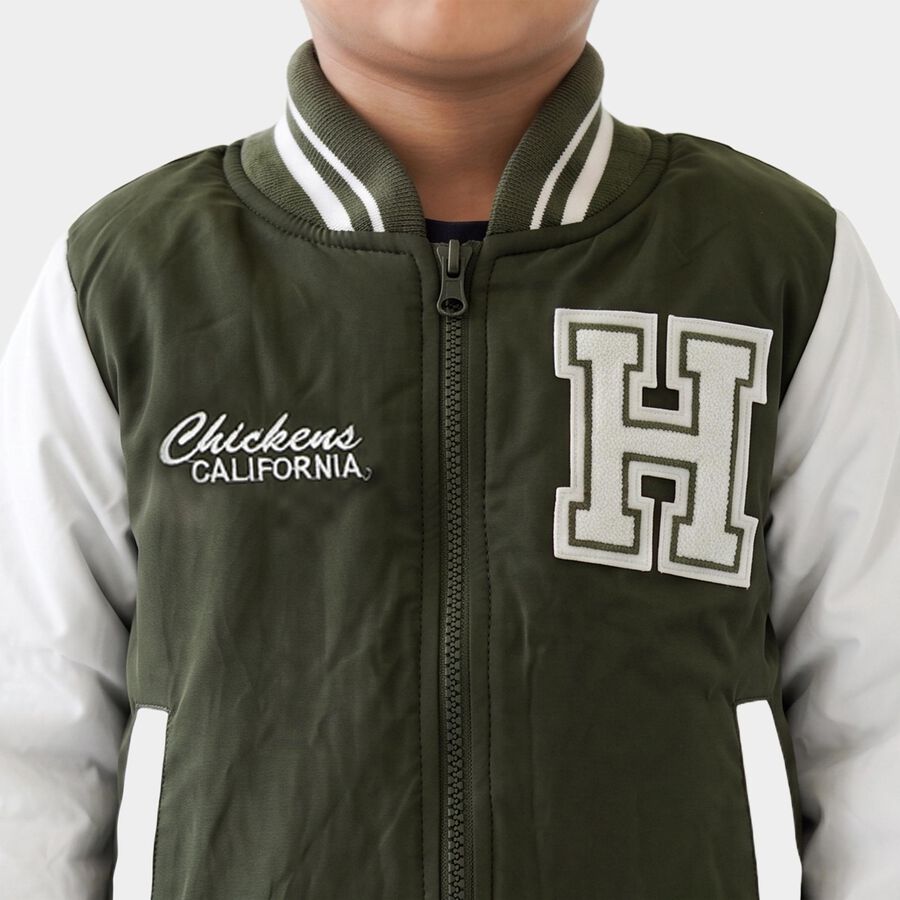 Boys Olive Green Stand Collar Varsity Jacket, Olive, large