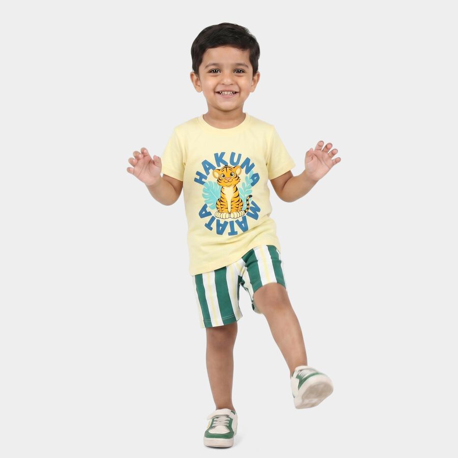 Boys Yellow 100% Cotton Round Neck Graphic Print Baba Suit, Yellow, large