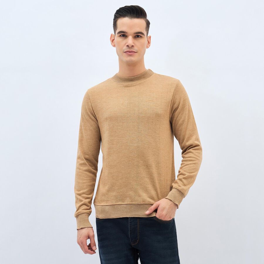 Men's Muted Beige Crew Neck Casual Pullover, Beige, large image number null