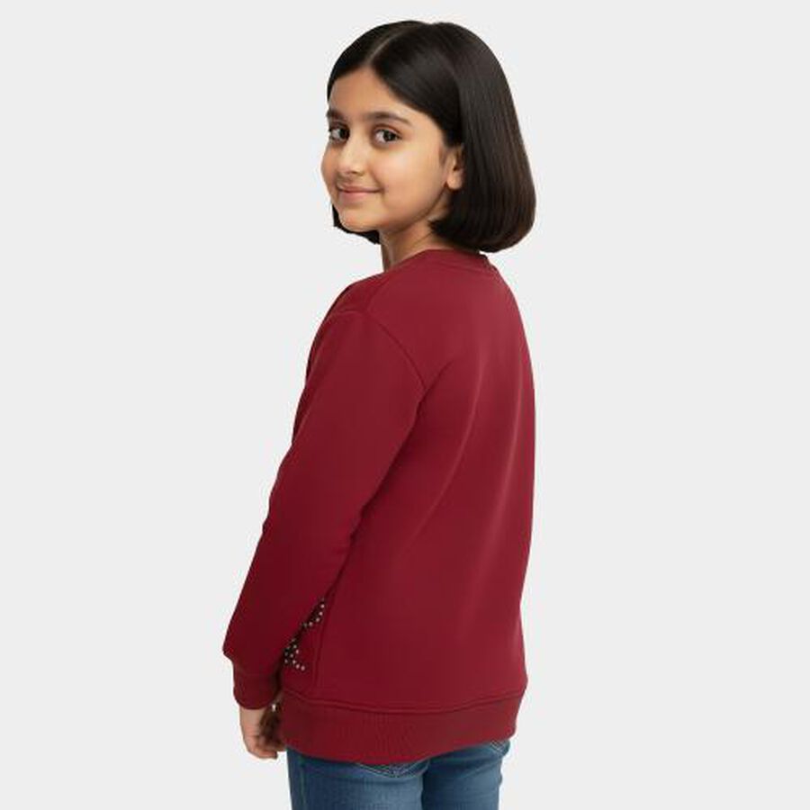 Girls Deep Burgundy Crew Neck Casual Sweatshirt, वाइन, large image number null
