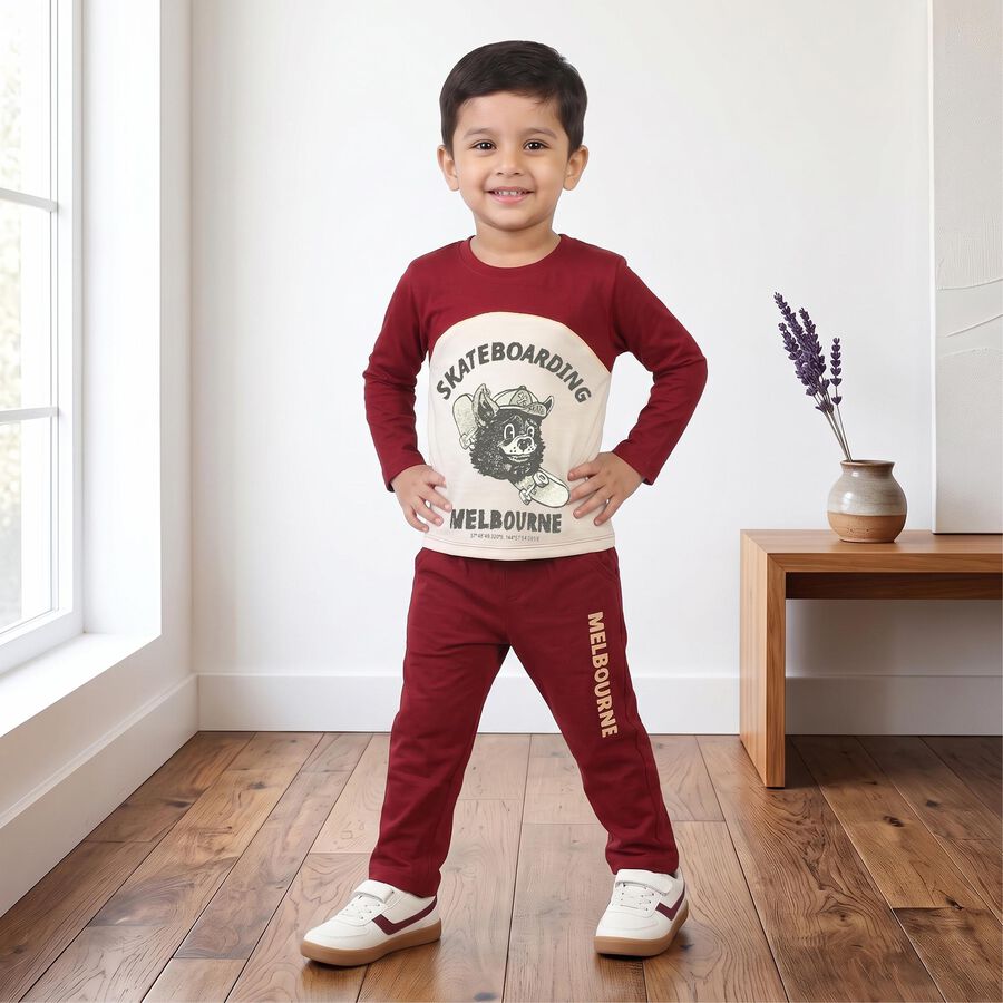 Boys' Red 100% Cotton Round Neck Graphic Print Baba Suit, Red, large