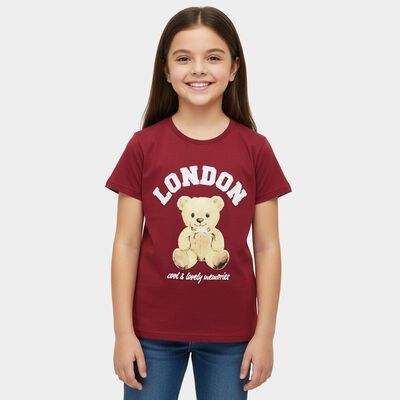 Girls Maroon Cotton Crew Neck Casual T-Shirt