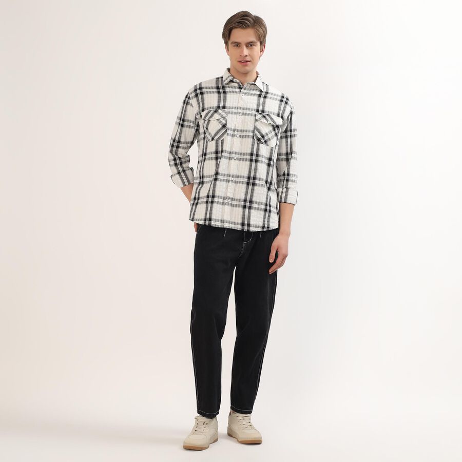 Men's Black and White Cotton Checkered Spread Collar Casual Shirt, Charcoal, large image number null