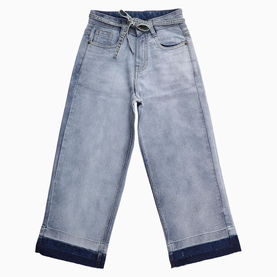 Girls' Light Blue Regular Fit Elastic Waist Drawstring Jeans, Light Blue, large