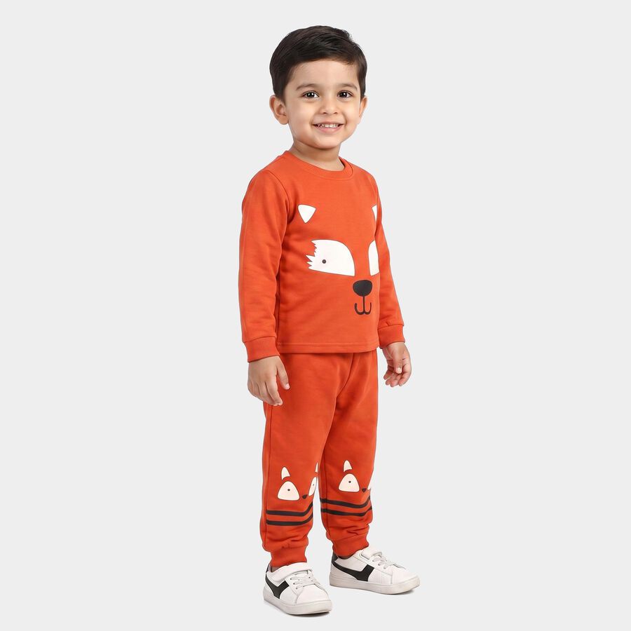 Boys Brown Round Neck Graphic Print Baba Suit, Brown, large