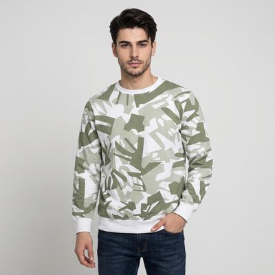 Men's Olive Green Crew Neck Printed Sweatshirt