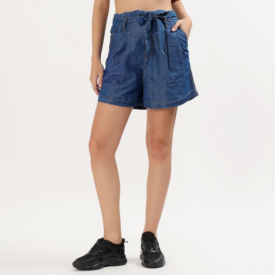 Women's Deep Denim Tie-Waist Relaxed Fit Shorts, नीला, large image number null