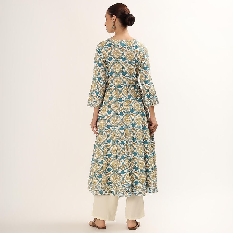 Women's Muted Teal and Beige Round Neck Floral Printed Kurta, Teal Blue, large image number null