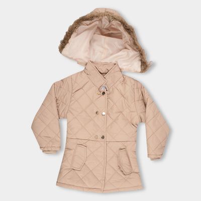 Girls Light Beige Hooded Quilted Jacket