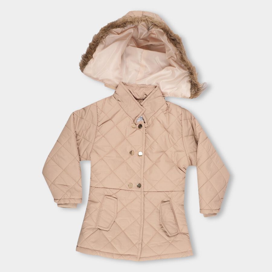 Girls Light Beige Hooded Quilted Jacket, Beige, large image number null