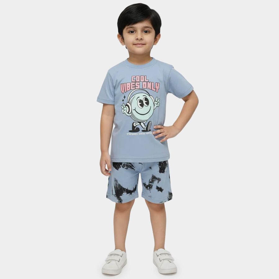 Boys Light Blue 100% Cotton Round Neck Graphic Printed Baba Suit, Mid Blue, large