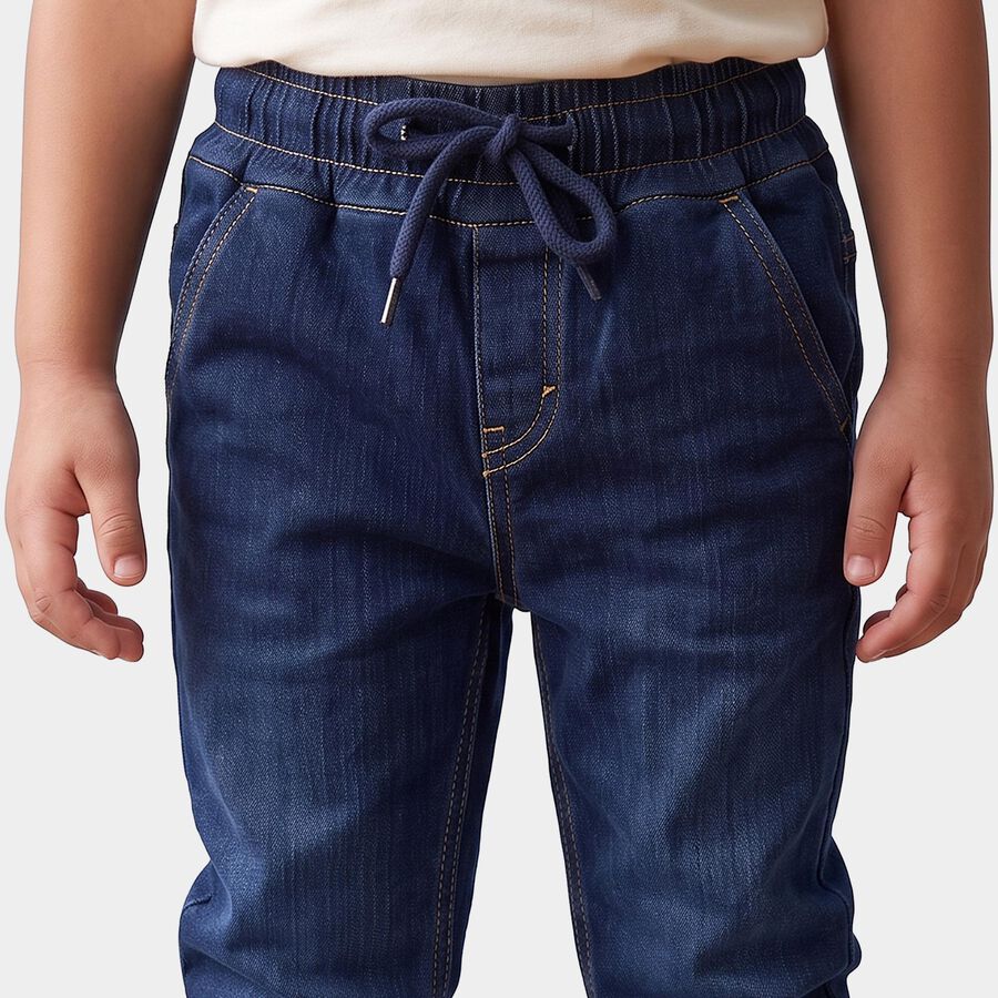 Boys' Navy Blue Jogger Fit Washed Jeans, गहरा नीला, large