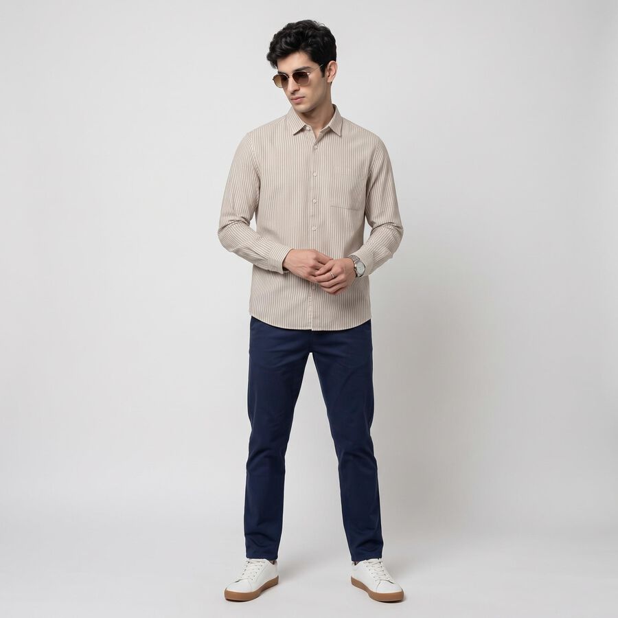 Men's Beige 100% Cotton Long Sleeve Collar Casual Shirt, Beige, large