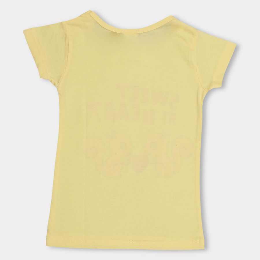 Girls' Light Yellow Cotton Blend Round Neck Short Sleeve T-Shirt, Yellow, large