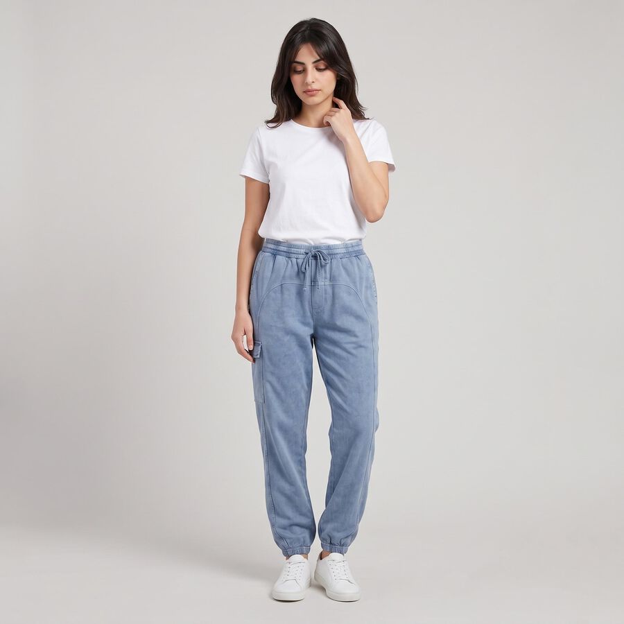 Women's Light Blue Relaxed Fit Cargo Track Pants, Light Blue, large