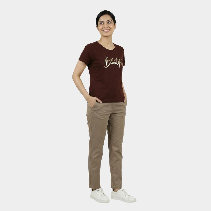 Women's Wine Round Neck Casual T-Shirt, वाइन, large