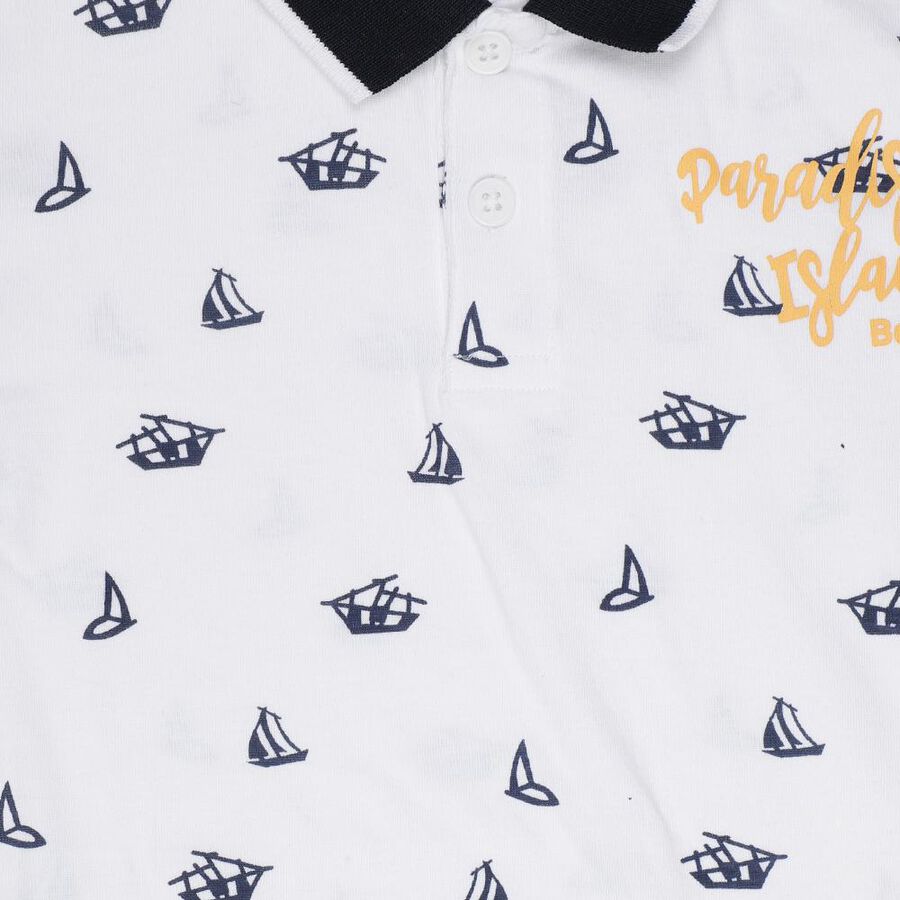 Boys' White Cotton Polo Neck Printed T-Shirt, White, large