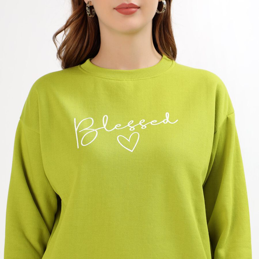 Women's Bright Lime Green Crew Neck Casual Sweatshirt, हल्का हरा, large image number null