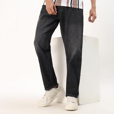 Men's Charcoal Black Straight Fit Stone-Wash Jeans