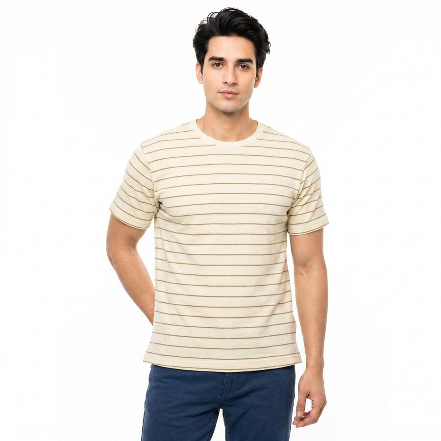 Men's Brown Round Neck Striped T-Shirt, Brown, large