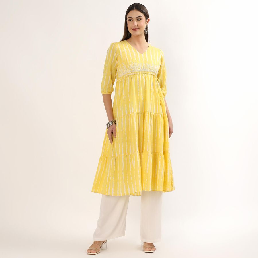 Women's Yellow Cotton Round Neck Straight Kurta, Yellow, large