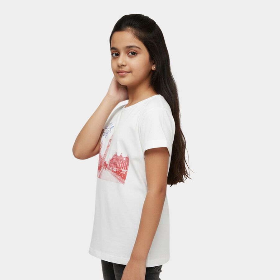 Girls' White Round Neck Casual T-Shirt, ऑफ व्हाइट, large