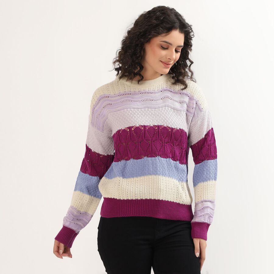 Women's Multicolor Crew Neck Knit Pullover, Lilac, large image number null