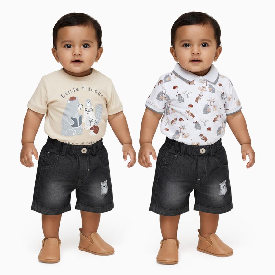 Infants' Beige Cotton Round Neck and Polo Neck Printed Baba Suit, Beige, large