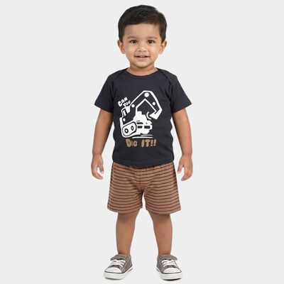 Infants' Grey 100% Cotton Round Neck Graphic Printed Baba Suit