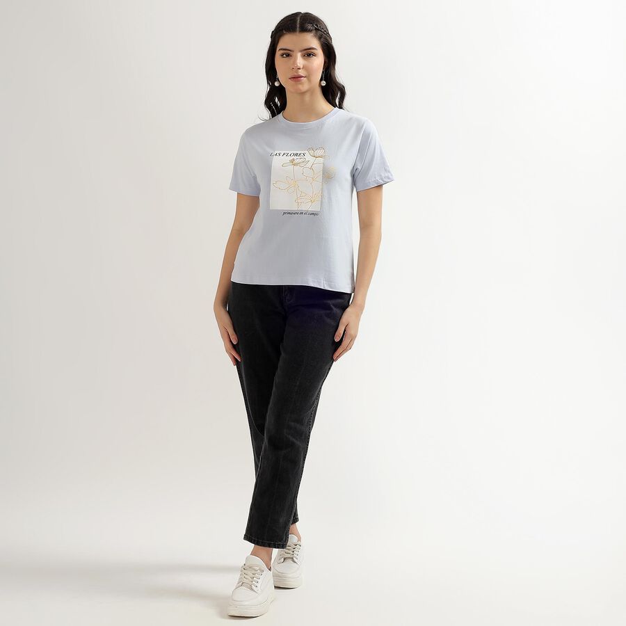 Women's Light Blue Cotton Round Neck Floral Print T-Shirt, Light Blue, large image number null