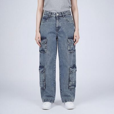 Women's Light Blue Wide Leg Washed Jeans
