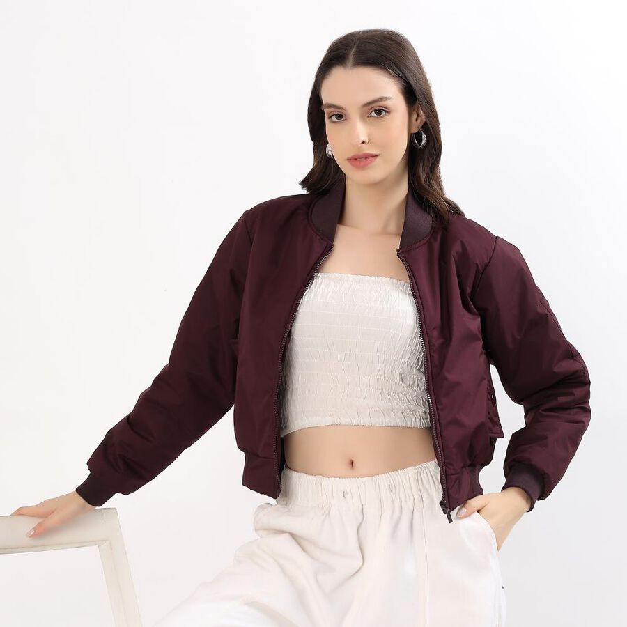 Women's Rich Maroon Ribbed Bomber Jacket, Wine, large image number null